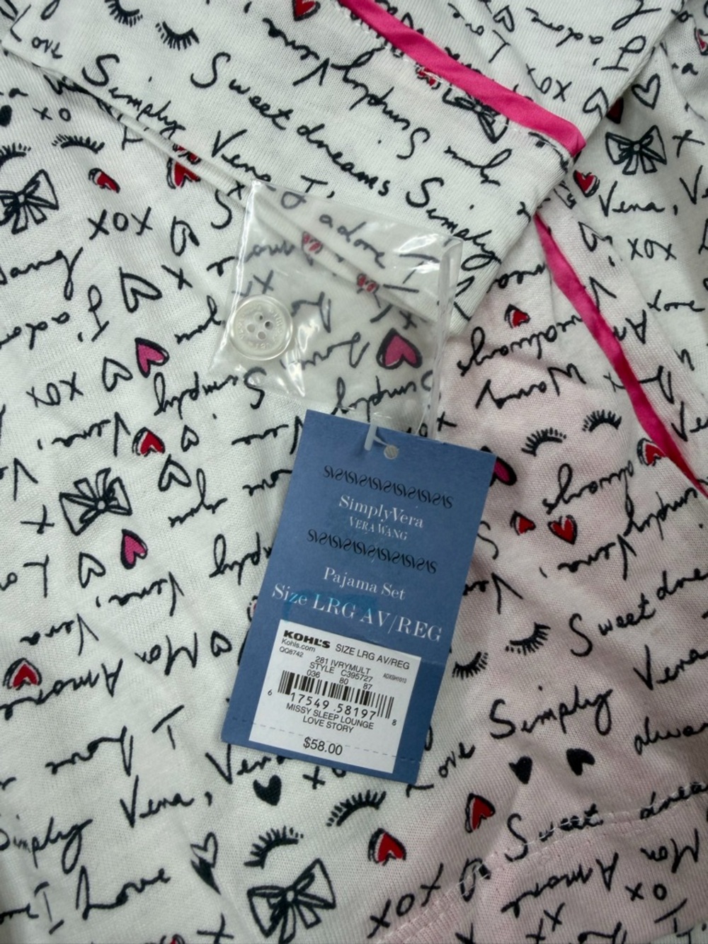 Simply Vera Wang Pajama Set NWT Size L Pink Heart Script Sleepwear Matching Set - Picture 4 of 14
